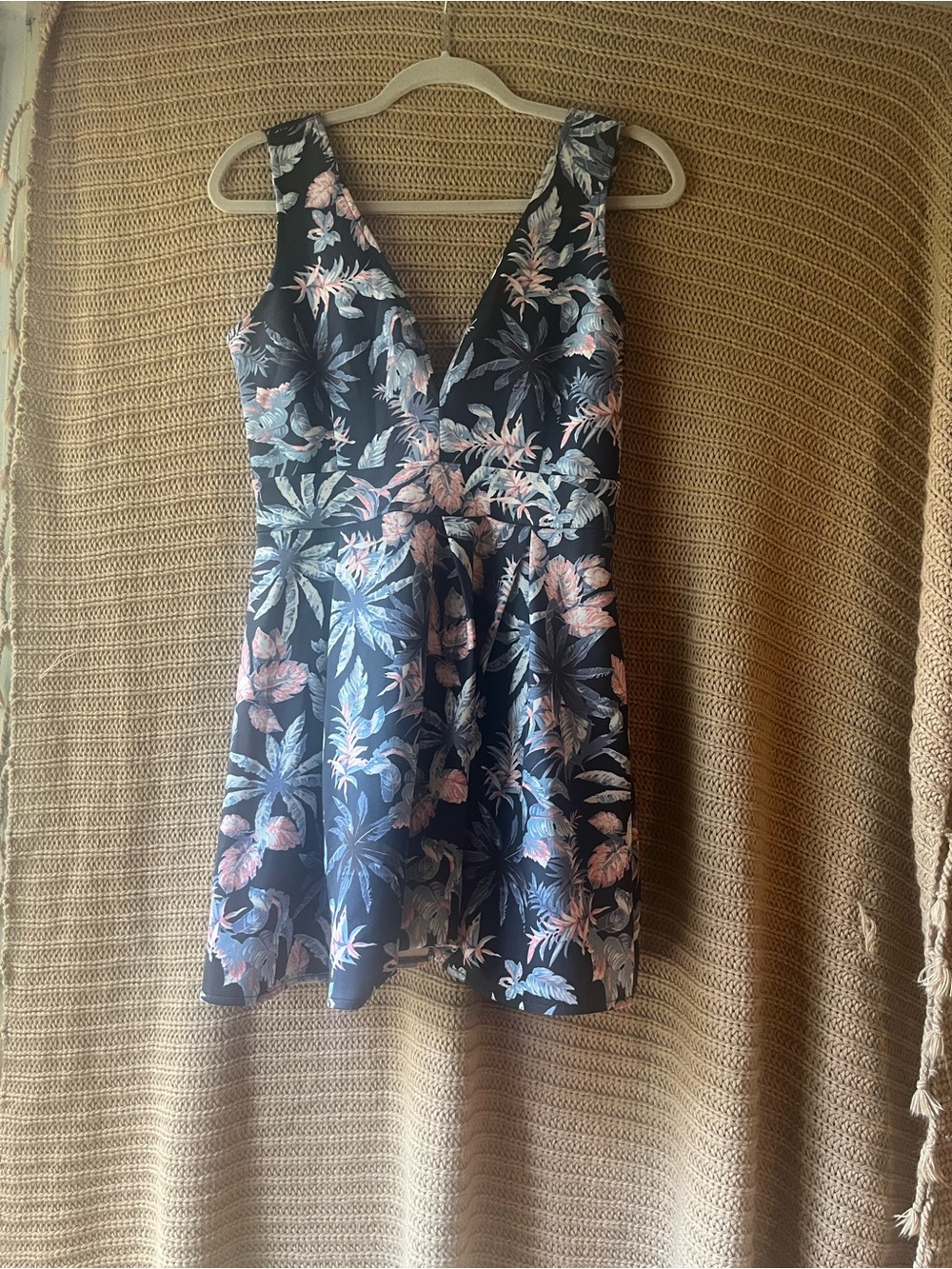 Forever 21 Navy Floral V-Neck Mini Dress with Pink and Light Blue Print